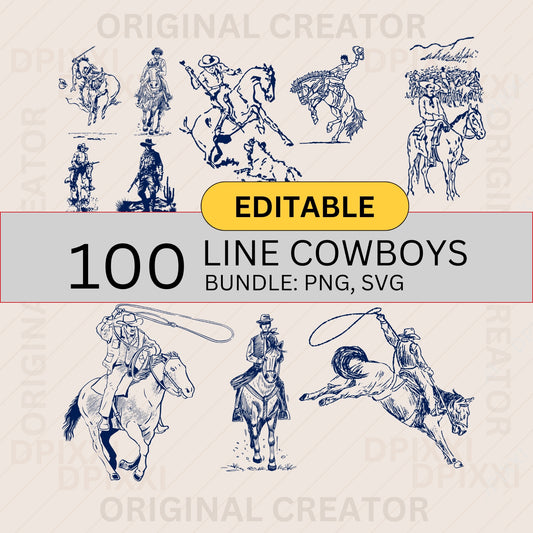 100 Editable Cowboy Line Art