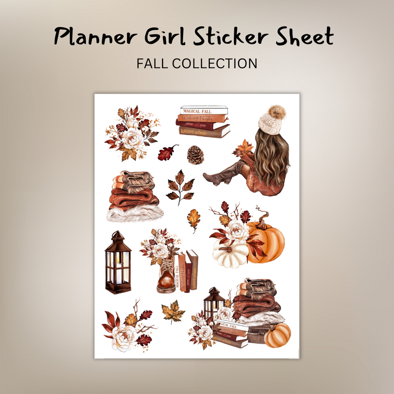 Fall Planner Girl Sticker Sheets Collections | Books, Girl, Pumpkin, Leaves, Blanket, Porch Light