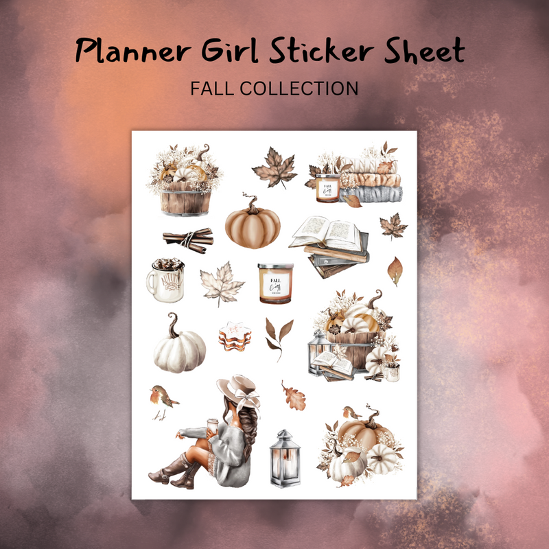 Fall Planner Girl Sticker Sheets Collections | Pumpkin, Leaves, Chocolate Milk, Cinnamon, Books, Candle, Girl, Leaves