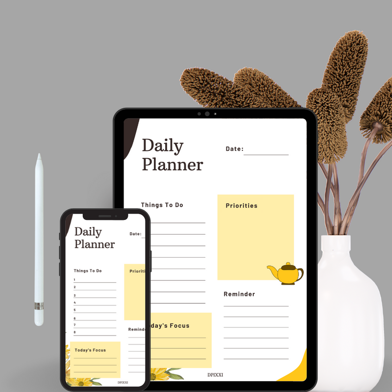 Simple Abstract Daily Planner | Date, Things To Do, Today's Focus, Priorities, Reminder