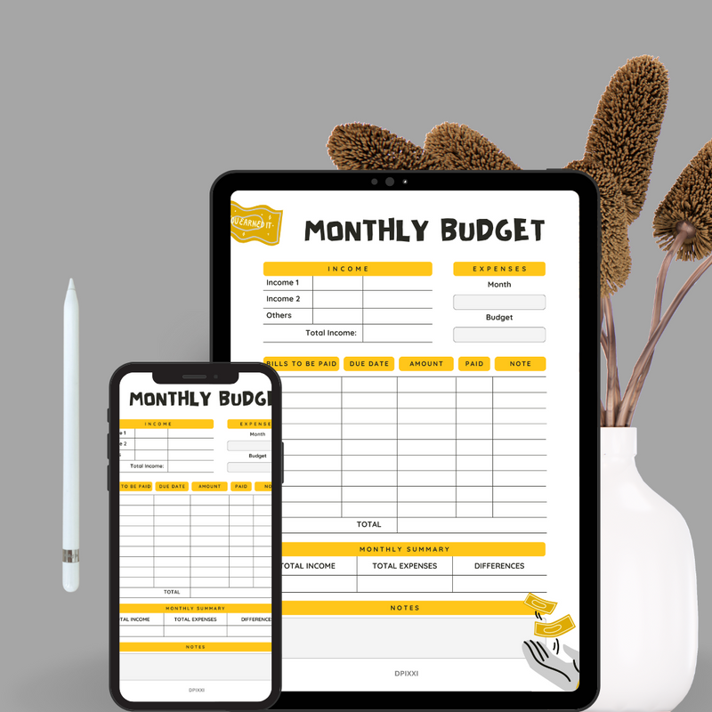 Illustrative Monthly Budget Planner | Income, Expenses, Monthly Summary, Bills To be paid