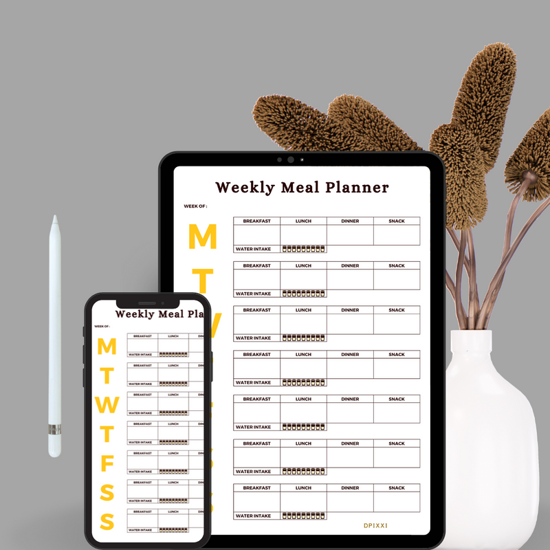 Clean and Minimal Weekly Meal Planner | Week of, Monday To Sunday, Breakfast, Lunch, Dinner, Snack, Water Intake