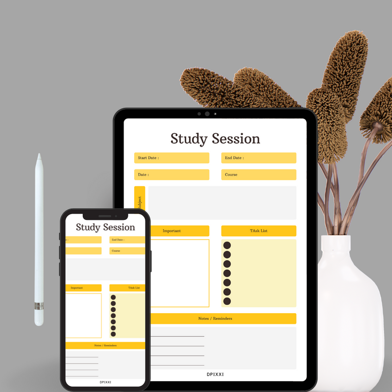 Elegant Colorful Study Session Planner | Start Date, End Date, Date, Course, Subject, Important, Task List, Notes/Reminders