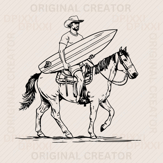 Cowboy Holding Surfboard Riding Horse