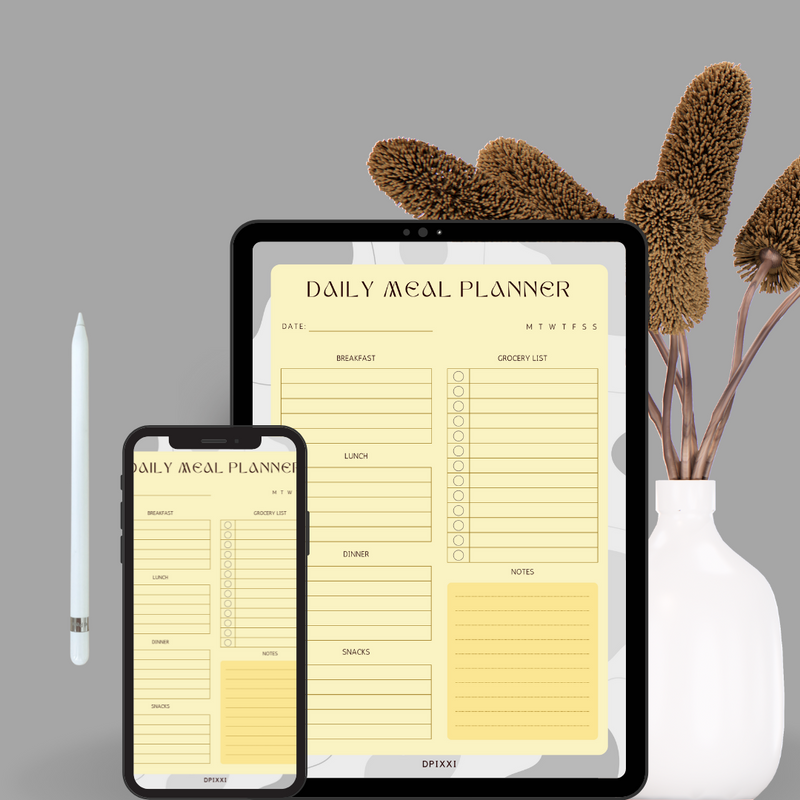 Abstract Design Daily Meal Planner | Date, Breakfast, Lunch, Dinner, Snacks, Grocery List, Notes