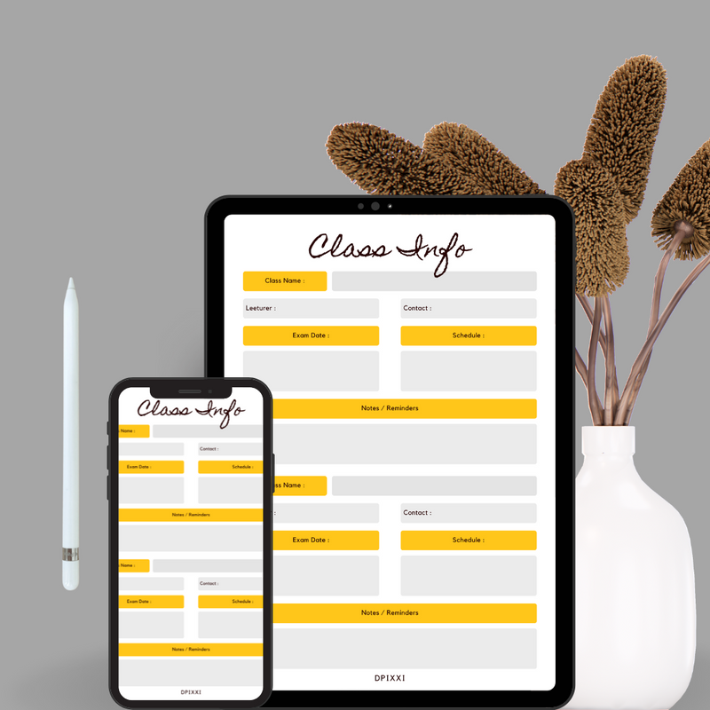 Pink and Gray Class Info Planner | Class Name, Exam Date, Schedule, Notes, Contact | PDF Digital Download