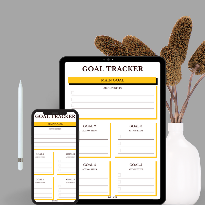Minimalist Goal Tracker Planner | Main Goal, Action Steps, Goal 2, Action Steps, Goal 3, Action Steps, Goal 4, Action Steps, Goal 5, Action Steps