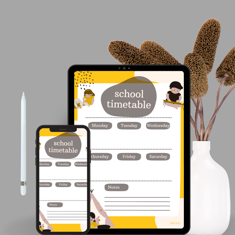 Abstract With Grunge Element School Timetable Planner Template | Monday To Saturday, Notes