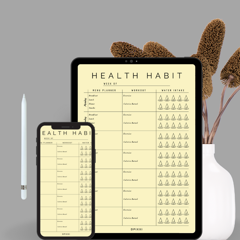Simple Weekly Health Habit Tracker Planner | Menu, Workout, Water Intake, Monday to Sunday, Calories Burned