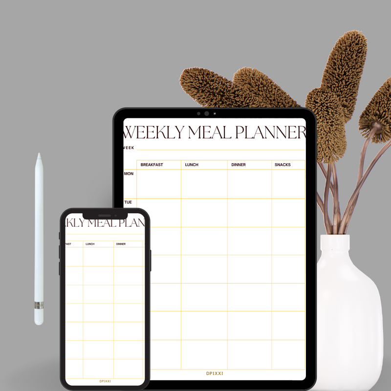 Simple and Minimal Printable Weekly Meal Planner | Week, Monday To Sunday, Breakfast, Lunch, Dinner, Snacks