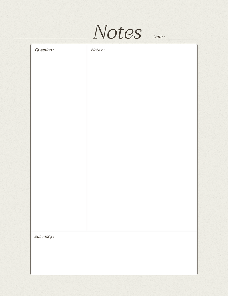 Beige Minimalist Cornell Notes Document A4 | 3 Versions | Question, Notes, Summary | PDF Digital Download