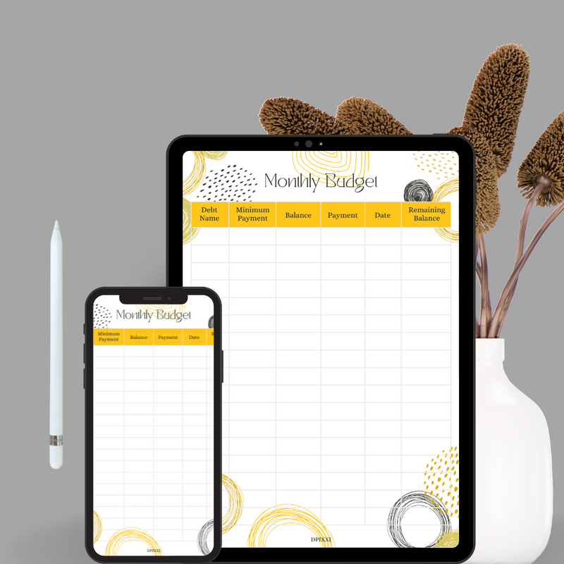 Planner Page Monthly Budget Table | Dept Name, Minimum Payment
