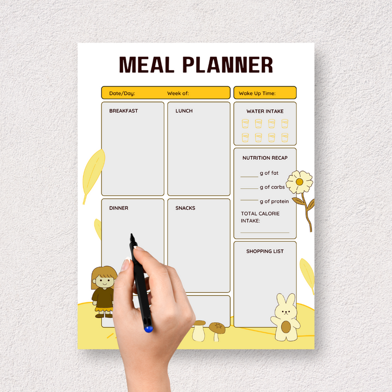 Cream Cute Illustrative Meal Planner | Date/Day, Week Of, Breakfast, Lunch, Dinner, Snacks, Wake Up Time, Water, Intake,  Notes, Nutrition Recap, Total Calorie Intake, hopping List