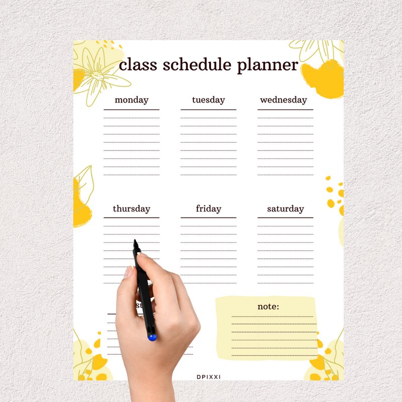 Class Schedule Planner | Monday To Sunday, Note