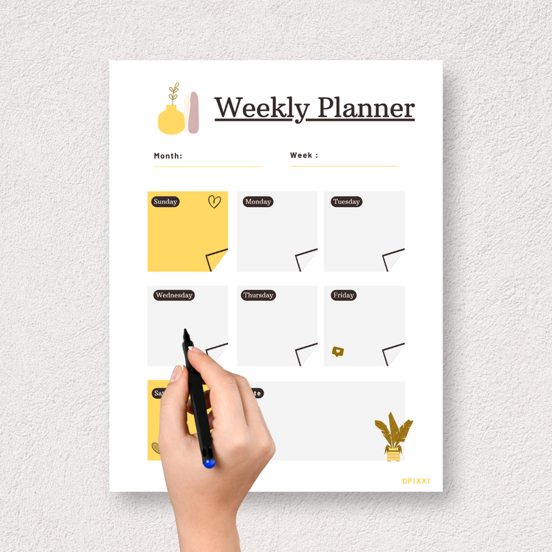 Illustrative Cute Weekly Planner | Month, Week, Sunday To Saturday, Note