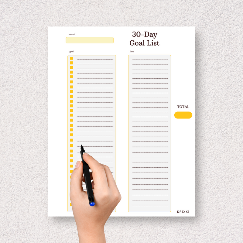 30-Day Goal List | Month, Goal, Date, Total