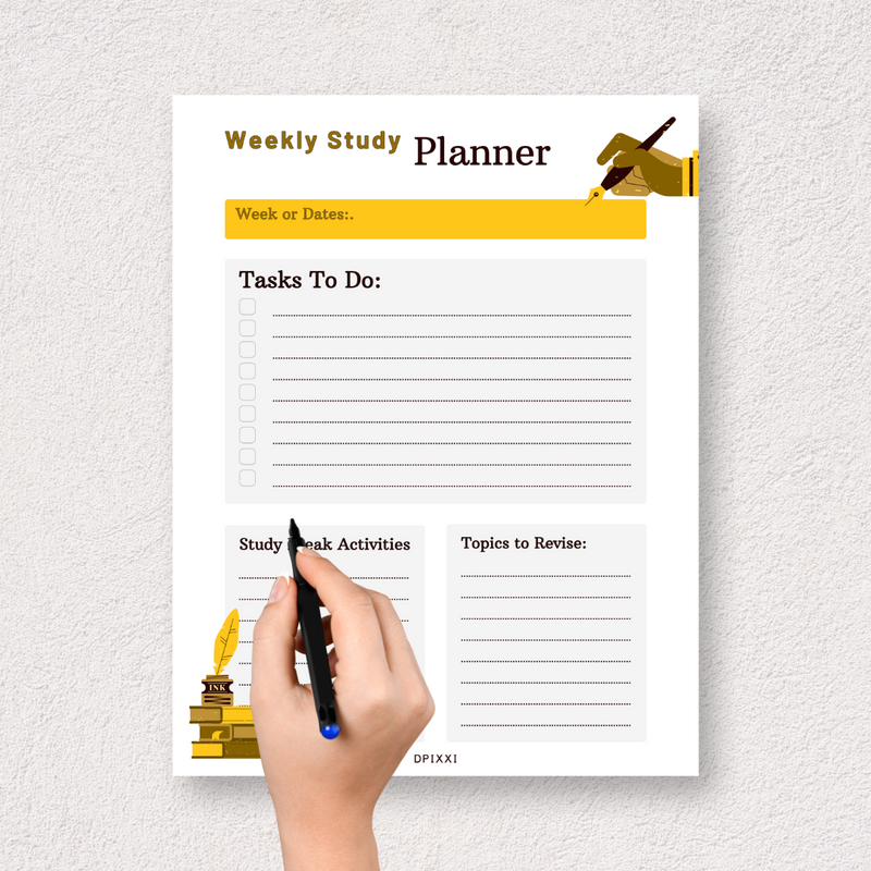 Simple Professional Teacher Student Weekly Study Planner | Week Of Dates, Tasks To Do, Study Break Activities, Topics To Revise