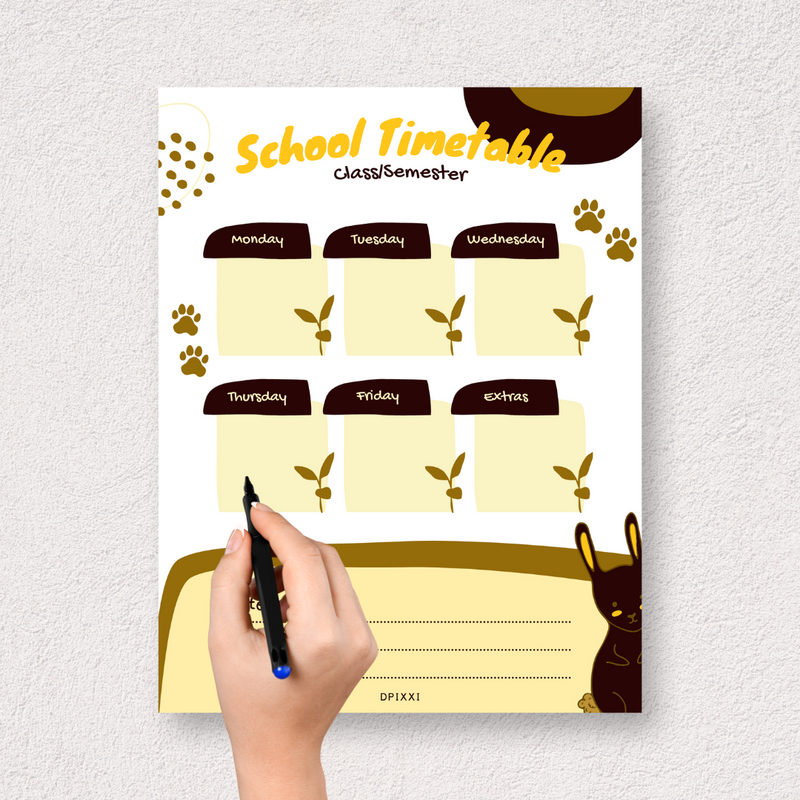 Cute Organic School Timetable | Class/Semester,  Monday To Friday, Extras, Notes