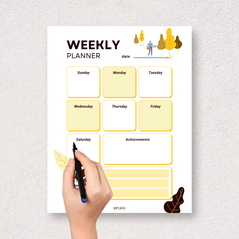 Colorful with Abstract Illustration Weekly Planner | Date, Sunday To Saturday, Achievements, 3 Top Goals