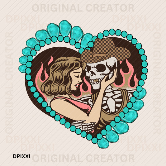 Cowgirl Eternal Love Skeleton Cowboy Turquoise Heart