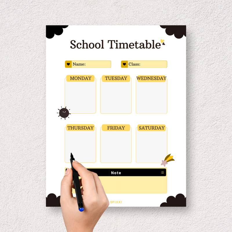 Cute School Timetable Planner | Name, Class, Monday To Saturday, Note