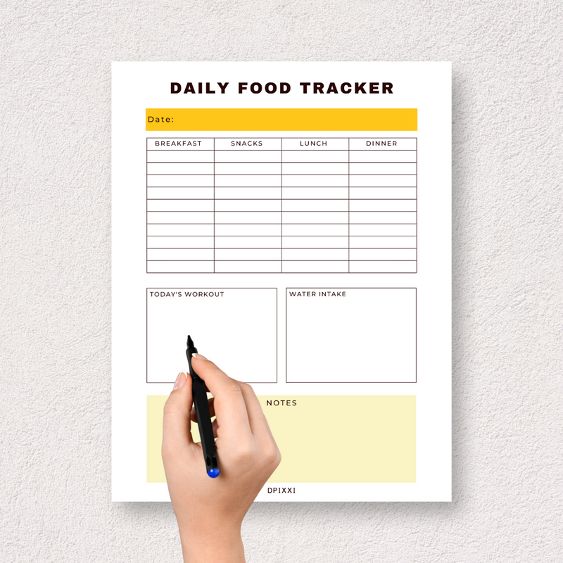 Daily Food Tracker Planner | Breakfast, Snacks, Lunch, Dinner, Today's Workout, Water Intake, Notes