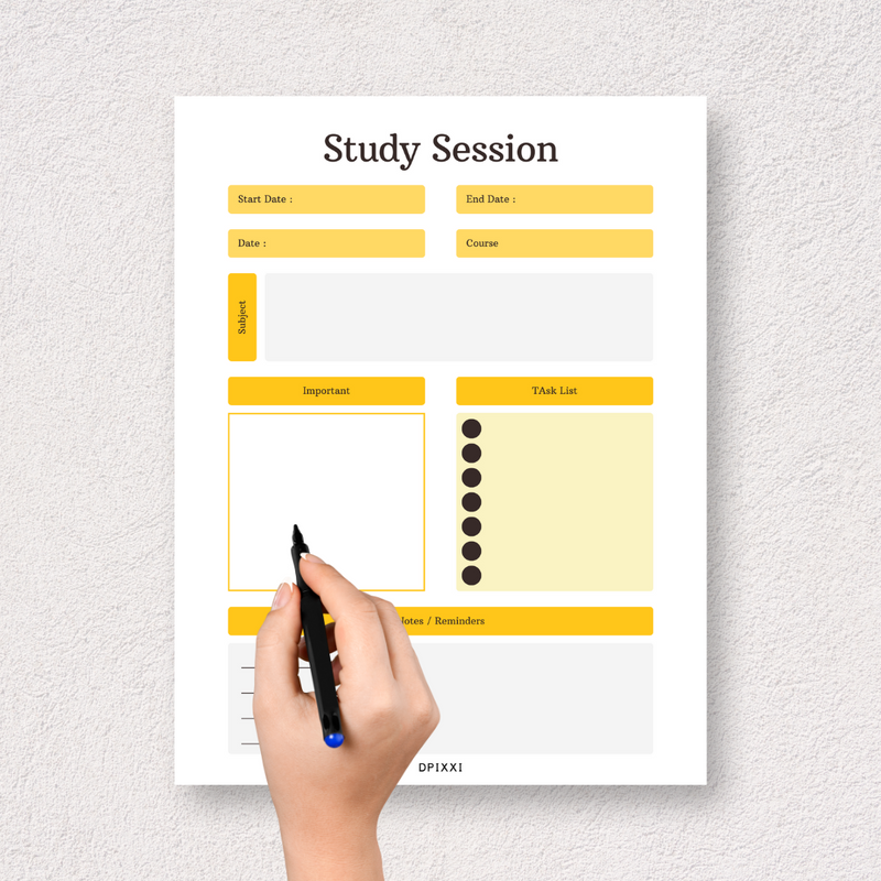 Elegant Colorful Study Session Planner | Start Date, End Date, Date, Course, Subject, Important, Task List, Notes/Reminders