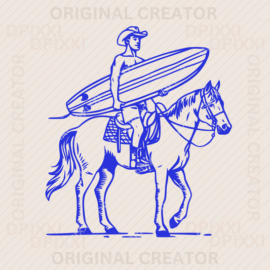 Cowboy Holding Surfboard Riding Horse