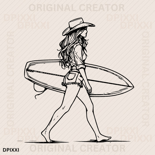 Cowgirl Going to the Beach with Surfboard