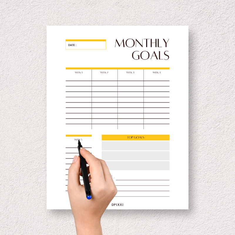 Minimalist Monthly Goals Planner | Week 1 to Week 5, Top Goals, Notes