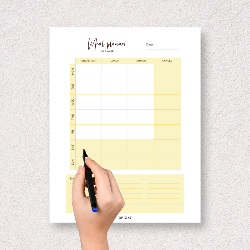 Simple Weekly A4 Meal Planner | Dates, Monday To Sunday, Breakfast, Lunch, Dinner, Snacks