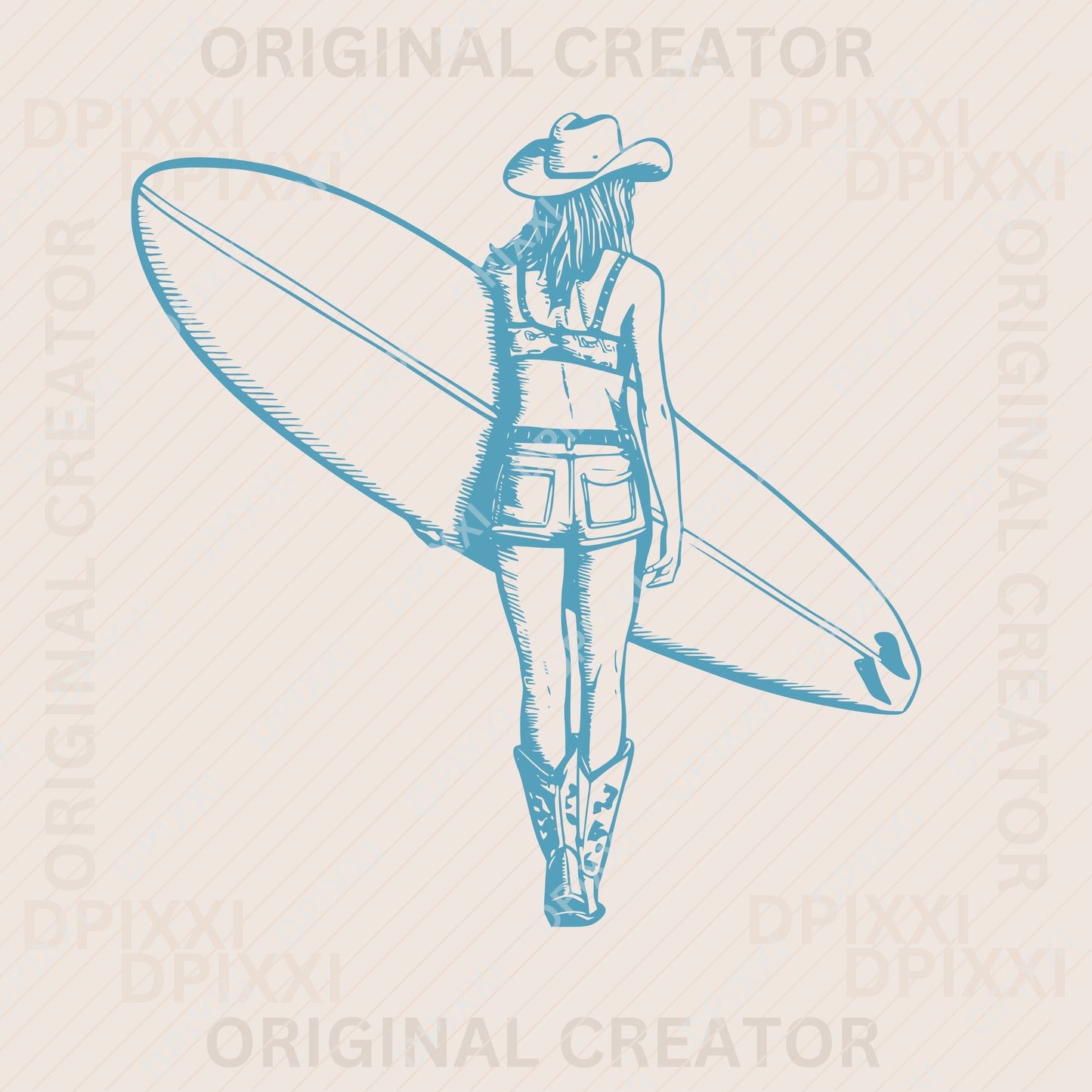 Coastal Cowgirl in Shorts Surfboard