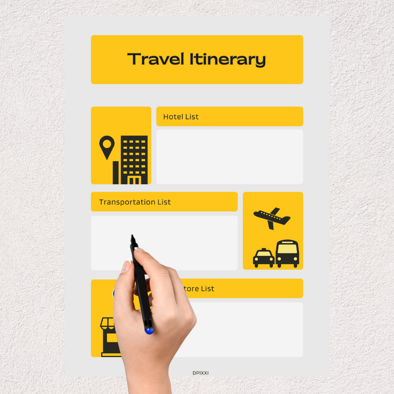 Minimal Travel Itinerary Planner | Hotel List. Transportation, Gift Store List