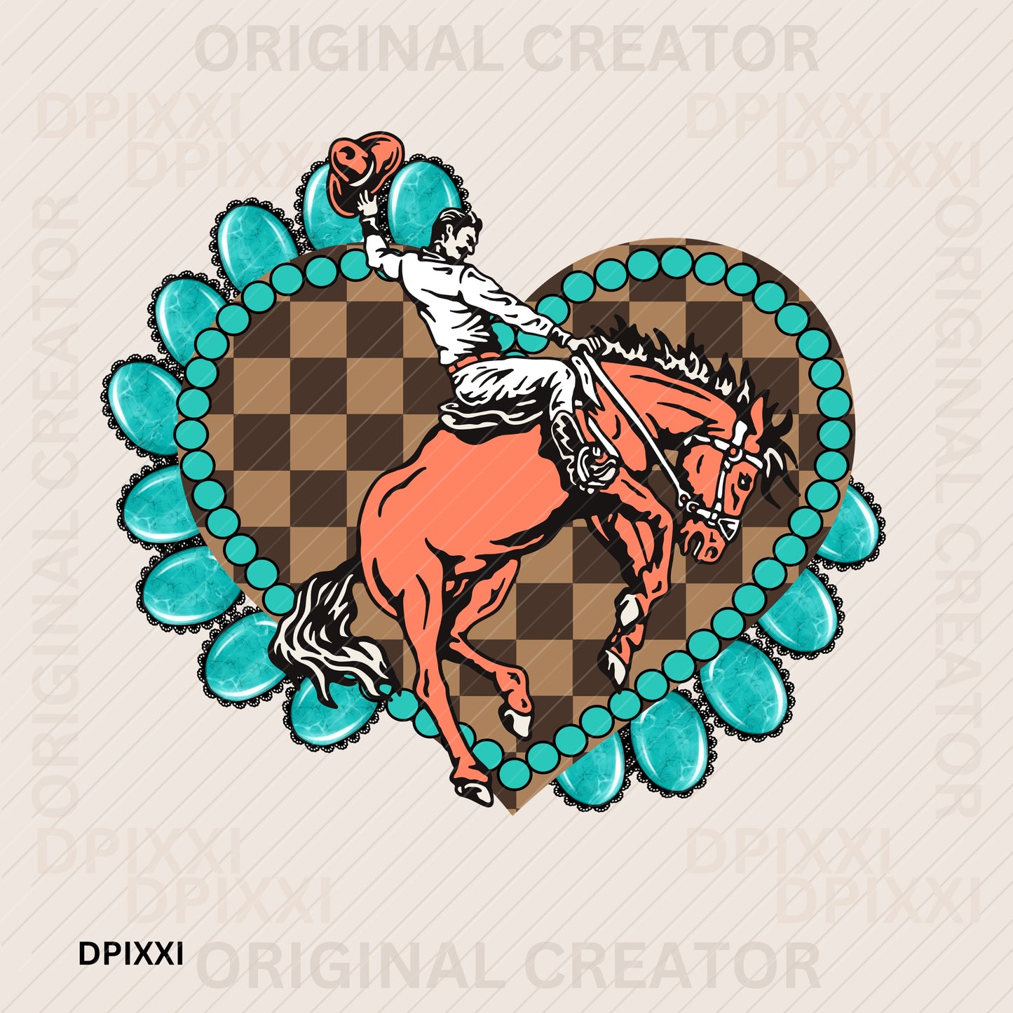 Turquoise Checker Heart Valentine Cowboy Horse