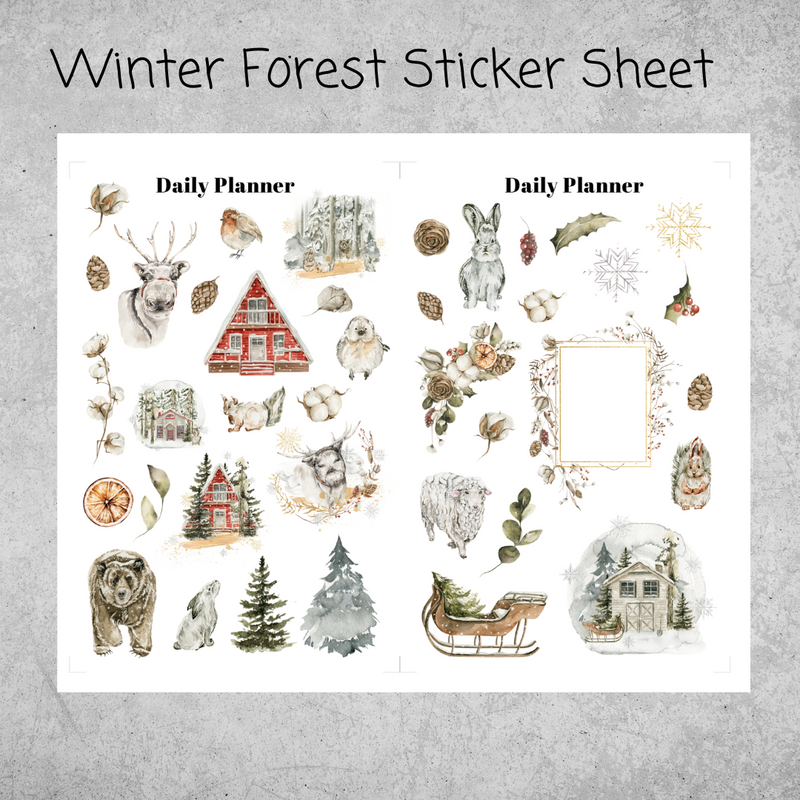 Winter Forest Sticker Sheets Collections | Deer, Bear, Cabin, Rabbit, Leaves, Flakes, Christmas Tree, Bird