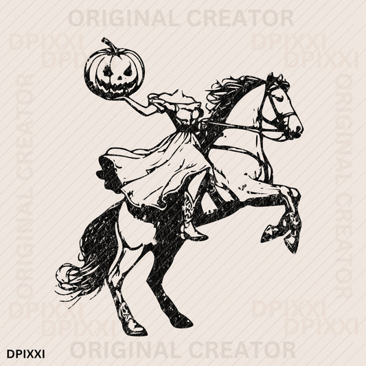 Headless Cowgirl Holding Pumpkin Riding on Horse Halloween