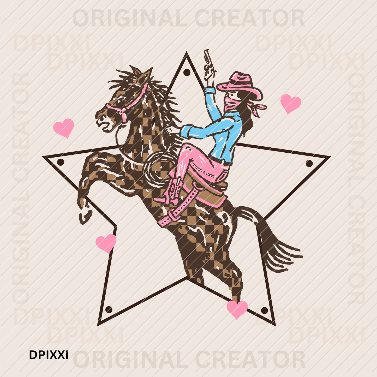 Cute Cowgirl Checker Horse Star Heart