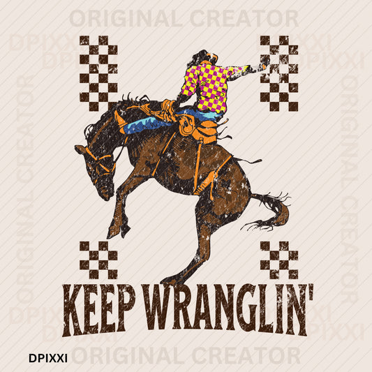 Keep Wranglin' Checker Shirt Cowboy on Horse