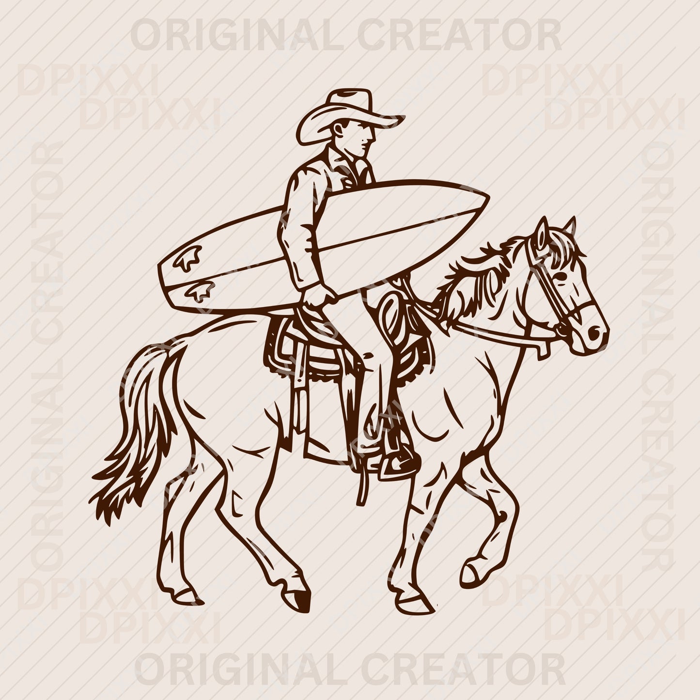 Cowboy Holding Surfboard Riding Horse