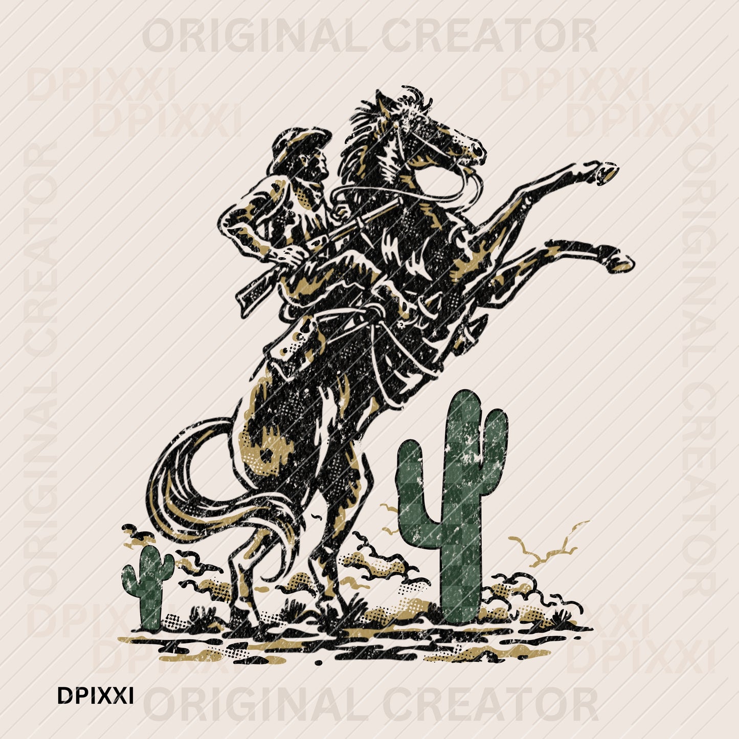 Desert Hunting Cowboy on Horse Checker Cactus