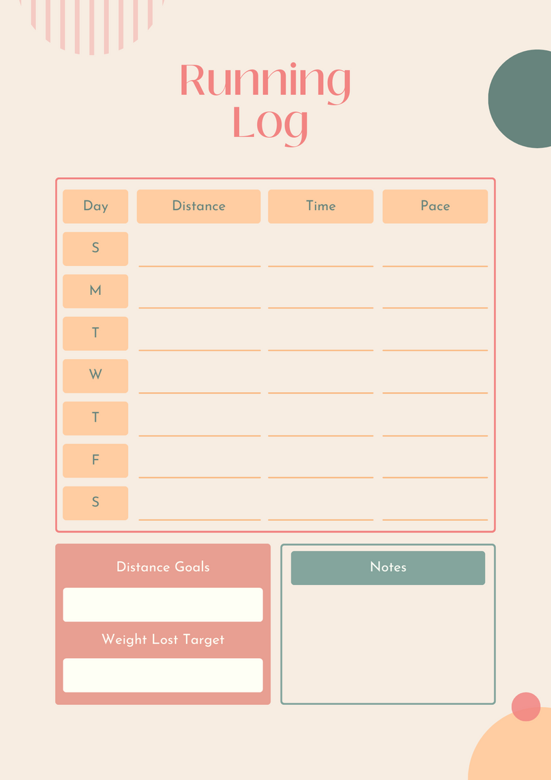 Fitness & Measurement Tracker (5 Pages) | Day, Sunday To Saturday, Distance, Time, Pace, Distance Goals, Weight Lost Target, Notes