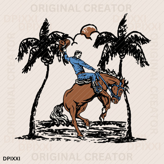 Cowboy Summer Beach Palm Tree Sunset Horse