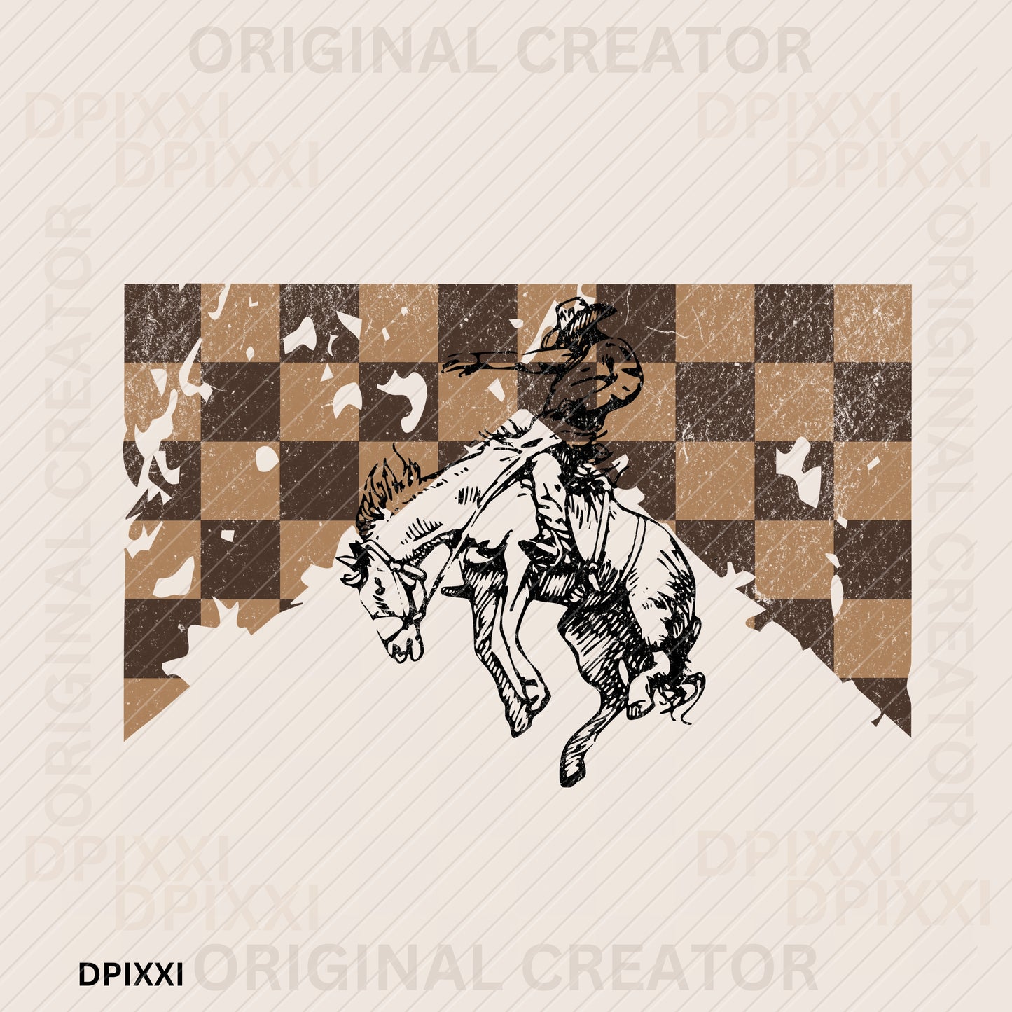 Distressed Checker Background Line Art Cowboy Excited Horse