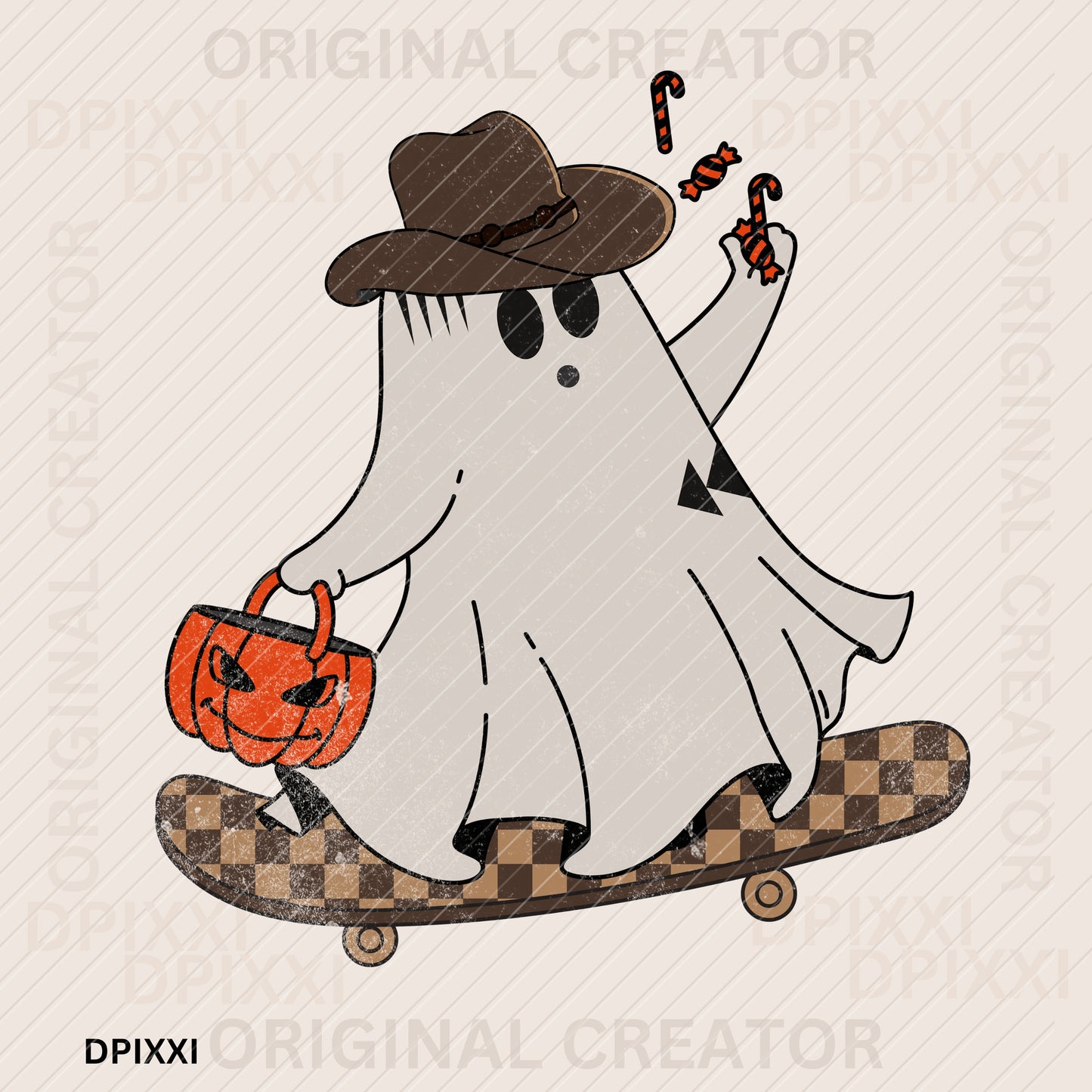 Cowboy Ghost Pass Candy Pumpkin Basket Checker Skateboard