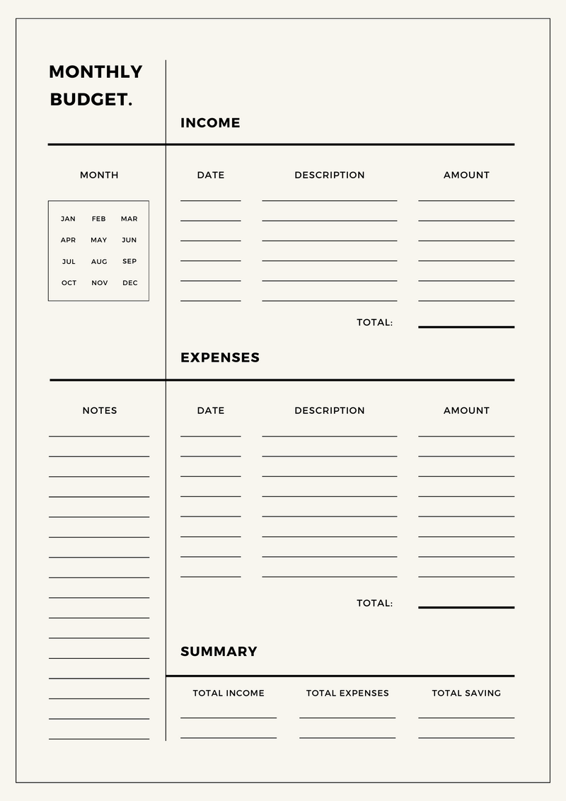 Beige Minimalist Monthly Budget Planner | Income, Expenses, Summary
