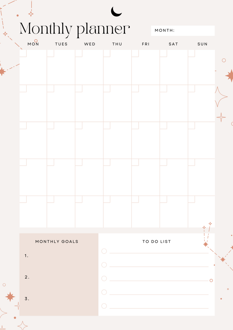 Beige Mystical Monthly Planner | Monthly Goals, Monday to Tuesday