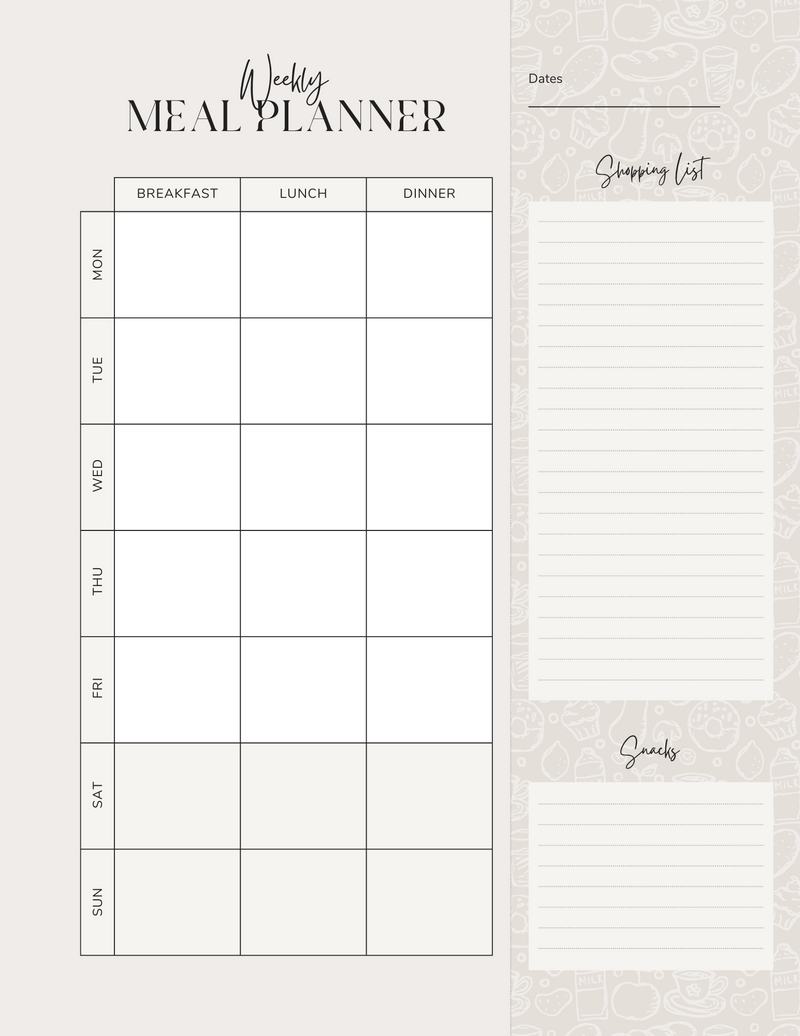 Simple Weekly A4 Meal Planner | Monday To Sunday, Breakfast, Lunch, Dinner
