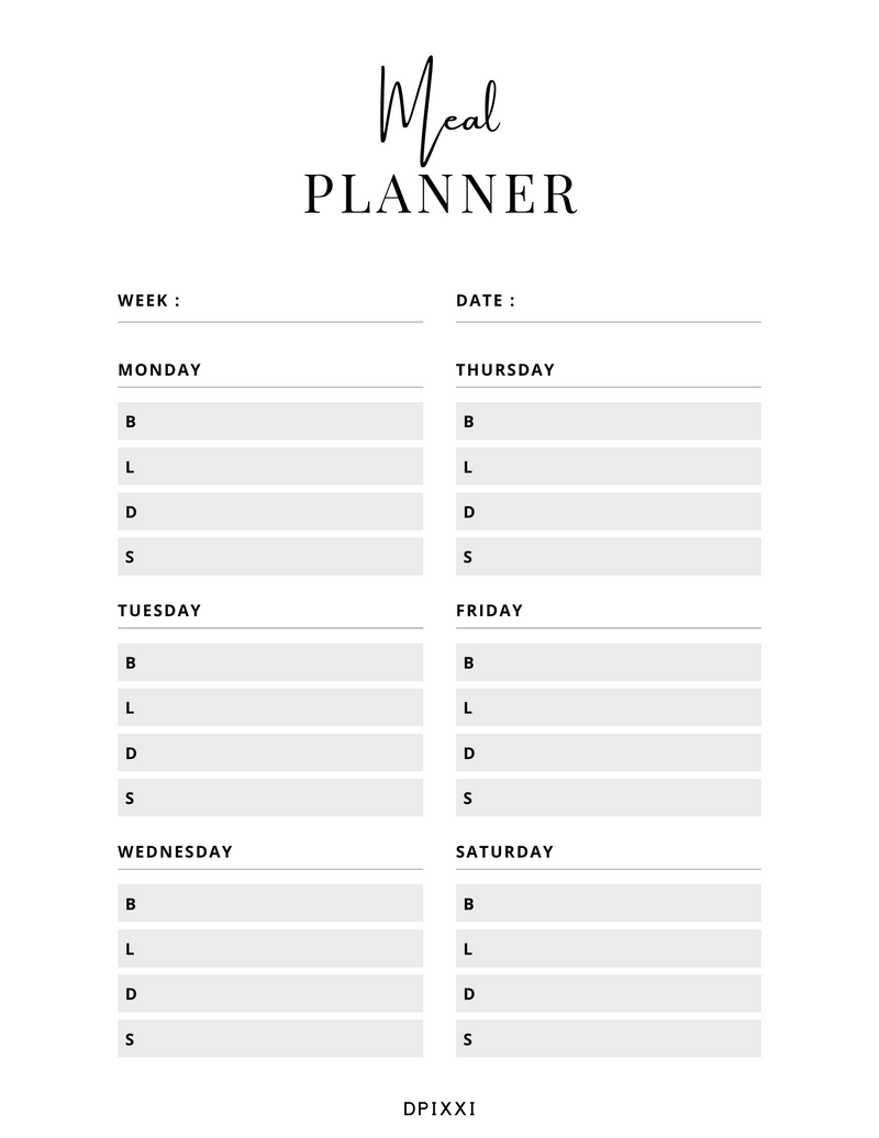 Minimal Meal Planner | Monday to Saturday