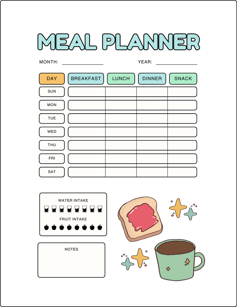 Colorful Cute Illustrative Daily Meal Planner | Month, Year, Sunday To Saturday, Breakfast, Lunch, Dinner, Snack, Water Intake, Fruit Intake, Notes