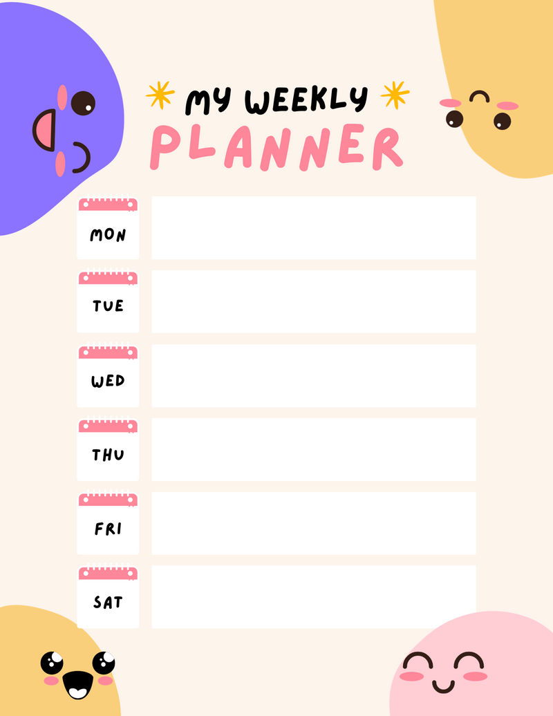 Colorful Cute Weekly Planner  Monday to Saturday